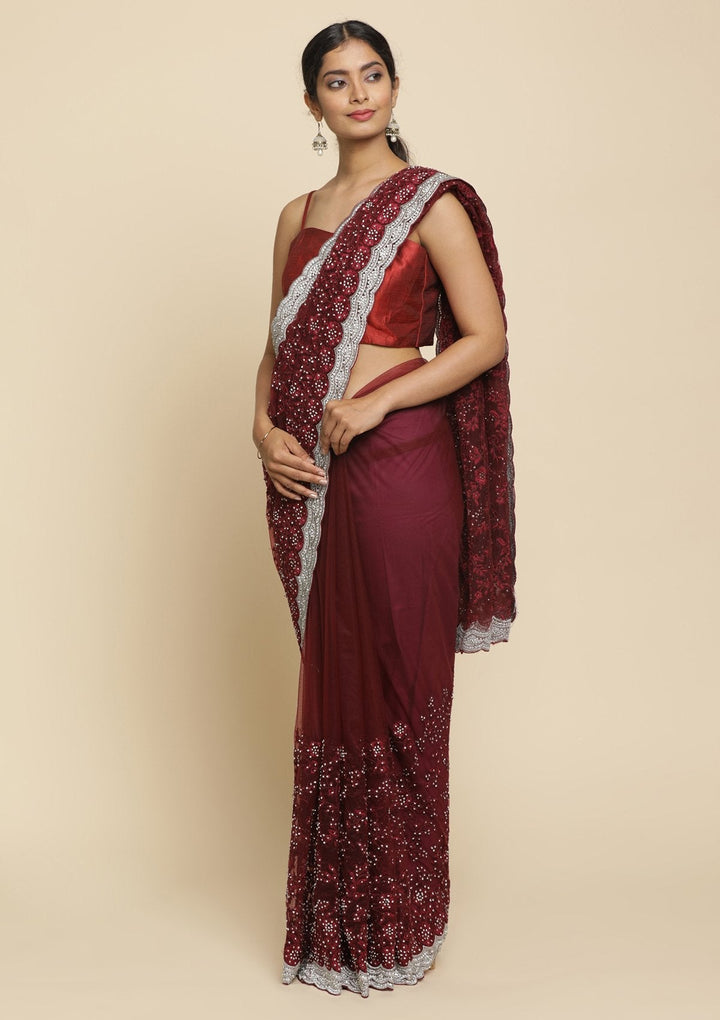 Maroon Silver Stonework  Net Designer Saree - koskii