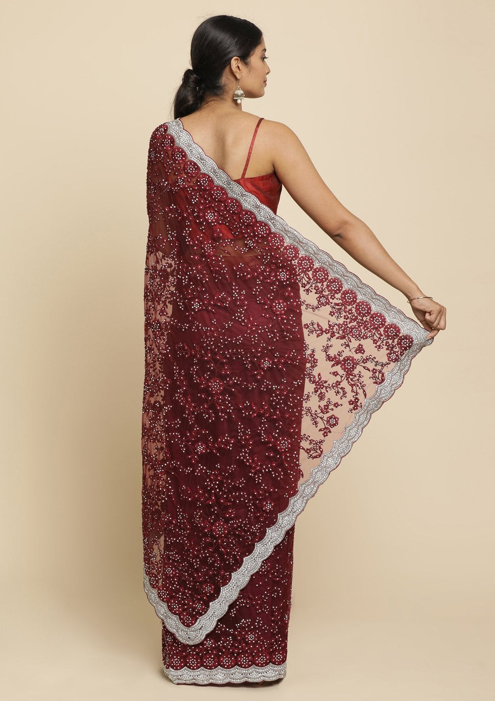 Maroon Silver Stonework  Net Designer Saree - koskii