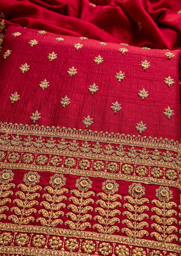 Maroon Stonework Raw Silk Designer Unstitched Salwar Suit - koskii