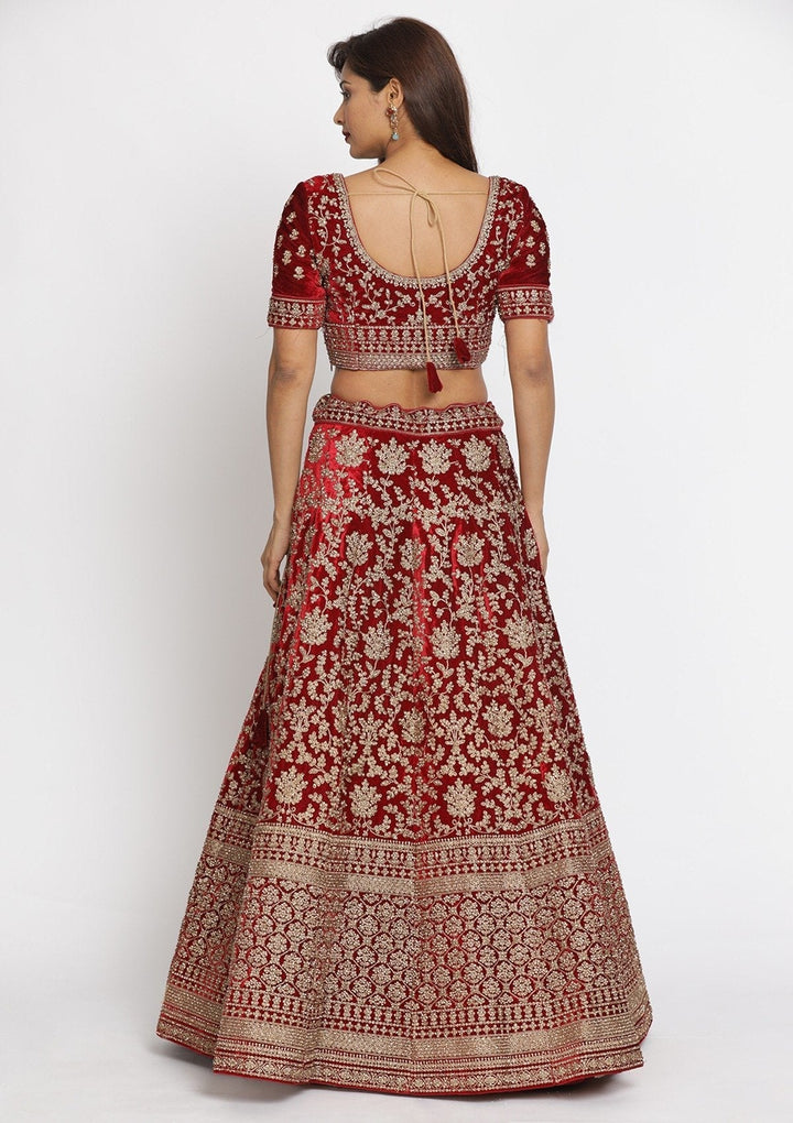 Maroon Stonework Velvet Designer Semi-Stitched Lehenga - koskii