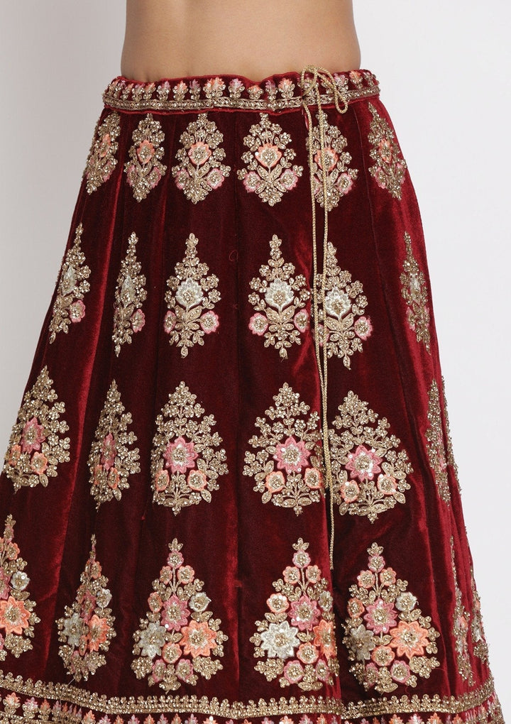 Maroon Stonework Velvet Designer Semi-Stitched Lehenga - koskii