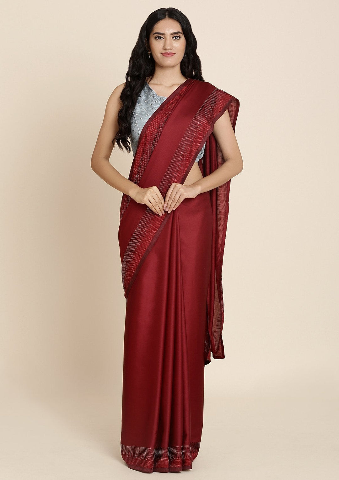 Maroon Swarovski Satin Designer Saree - koskii