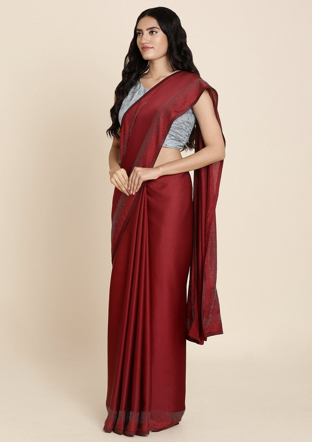 Maroon Swarovski Satin Designer Saree - koskii