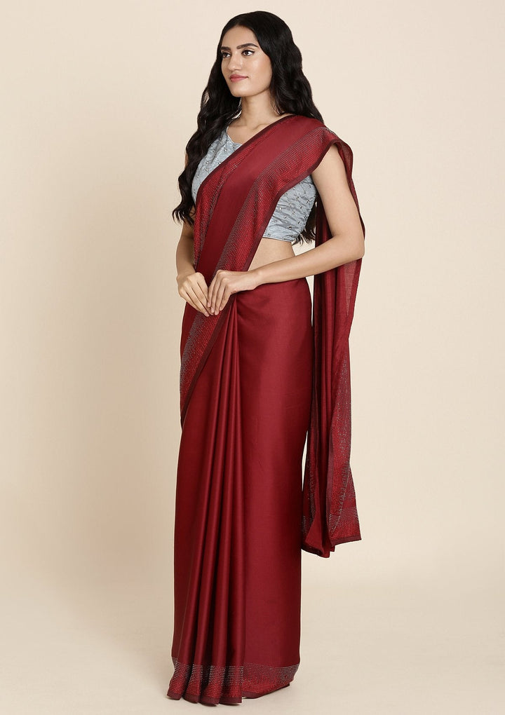 Maroon Swarovski Satin Designer Saree - koskii
