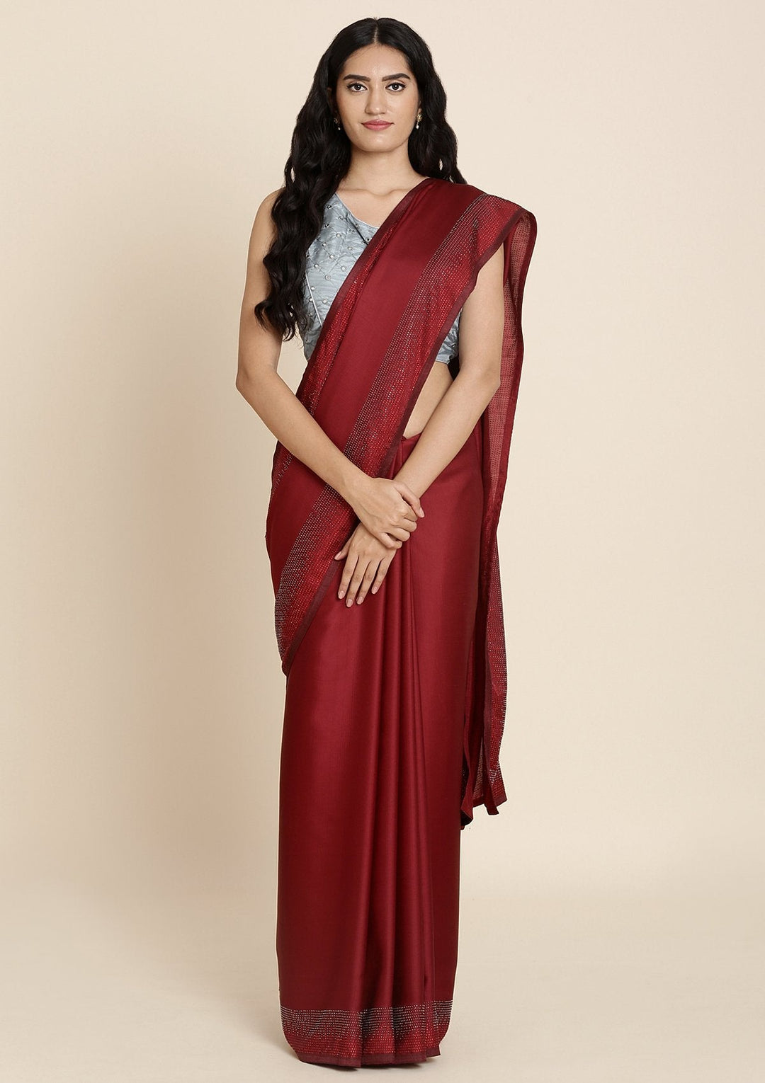 Maroon Swarovski Satin Designer Saree - koskii