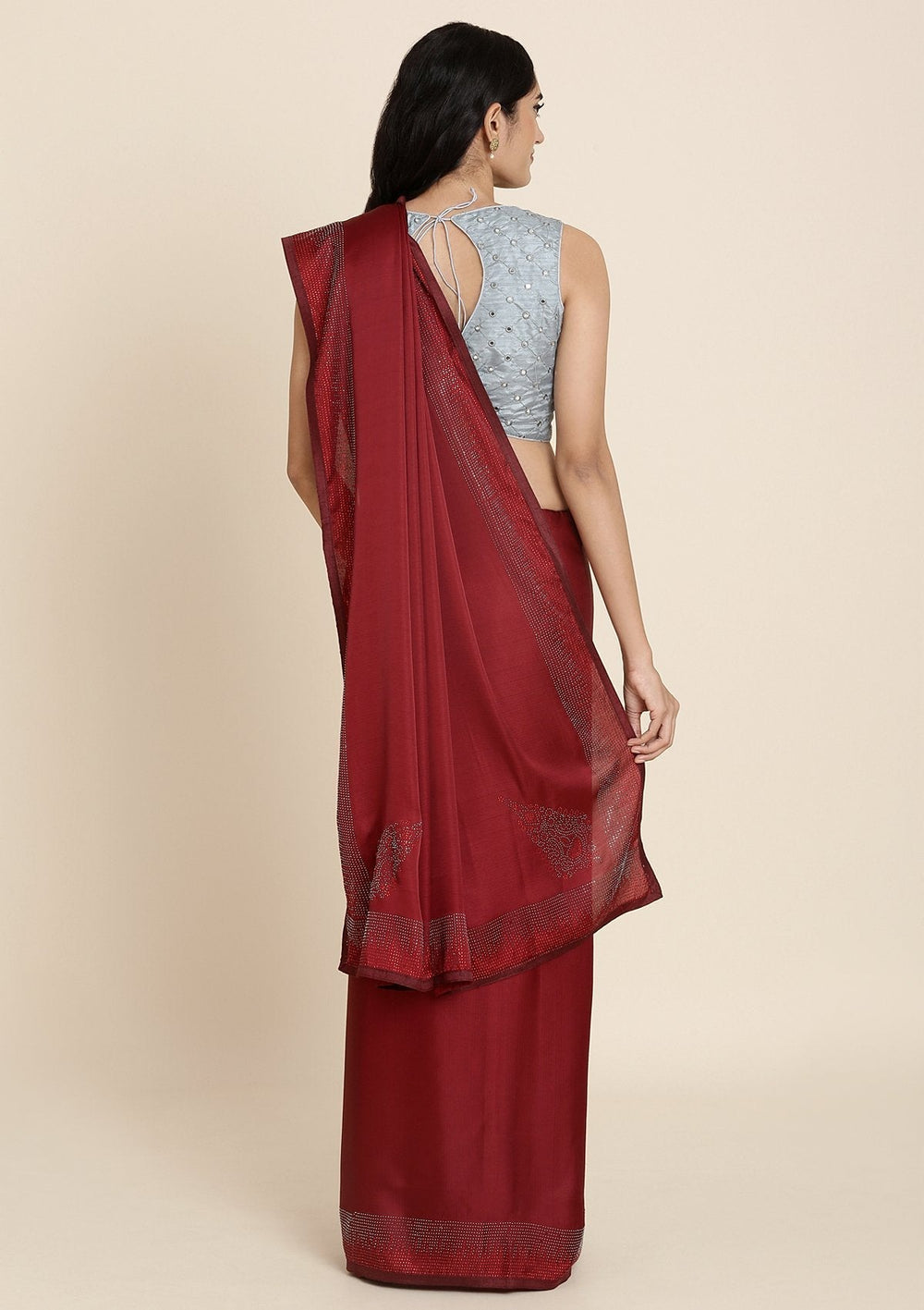 Maroon Swarovski Satin Designer Saree - koskii