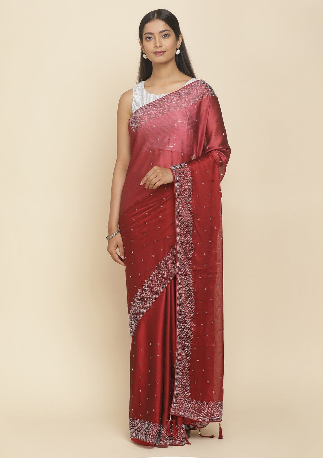 Maroon Swarovski  Satin Designer Saree - koskii