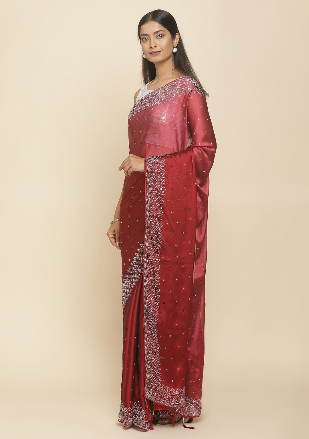 Maroon Swarovski  Satin Designer Saree - koskii