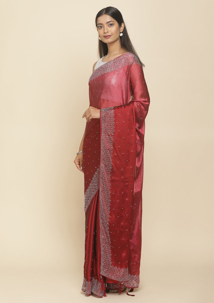 Maroon Swarovski  Satin Designer Saree - koskii