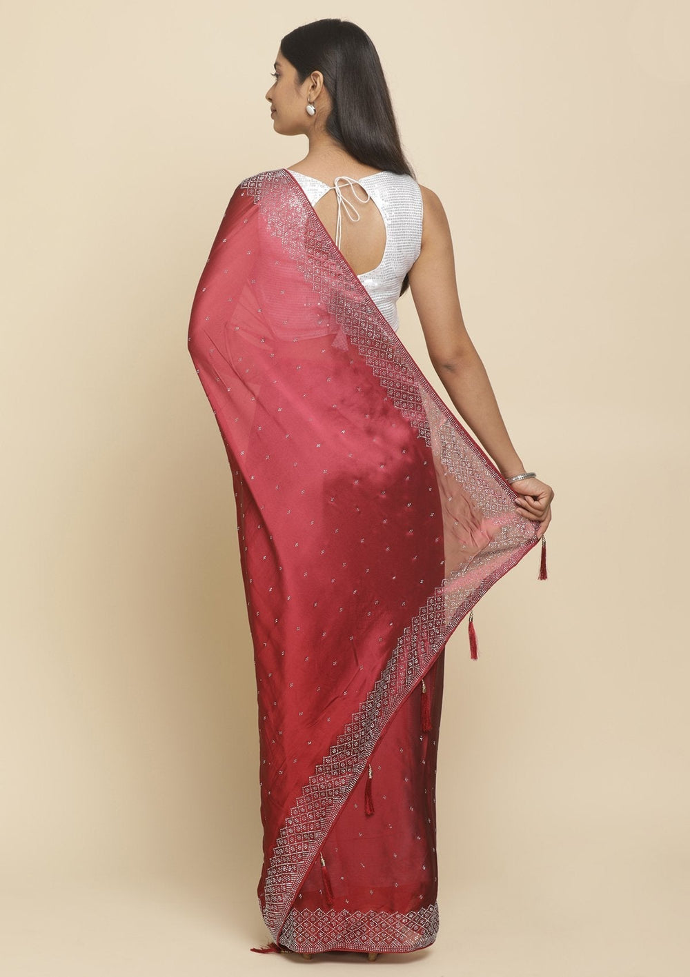 Maroon Swarovski  Satin Designer Saree - koskii