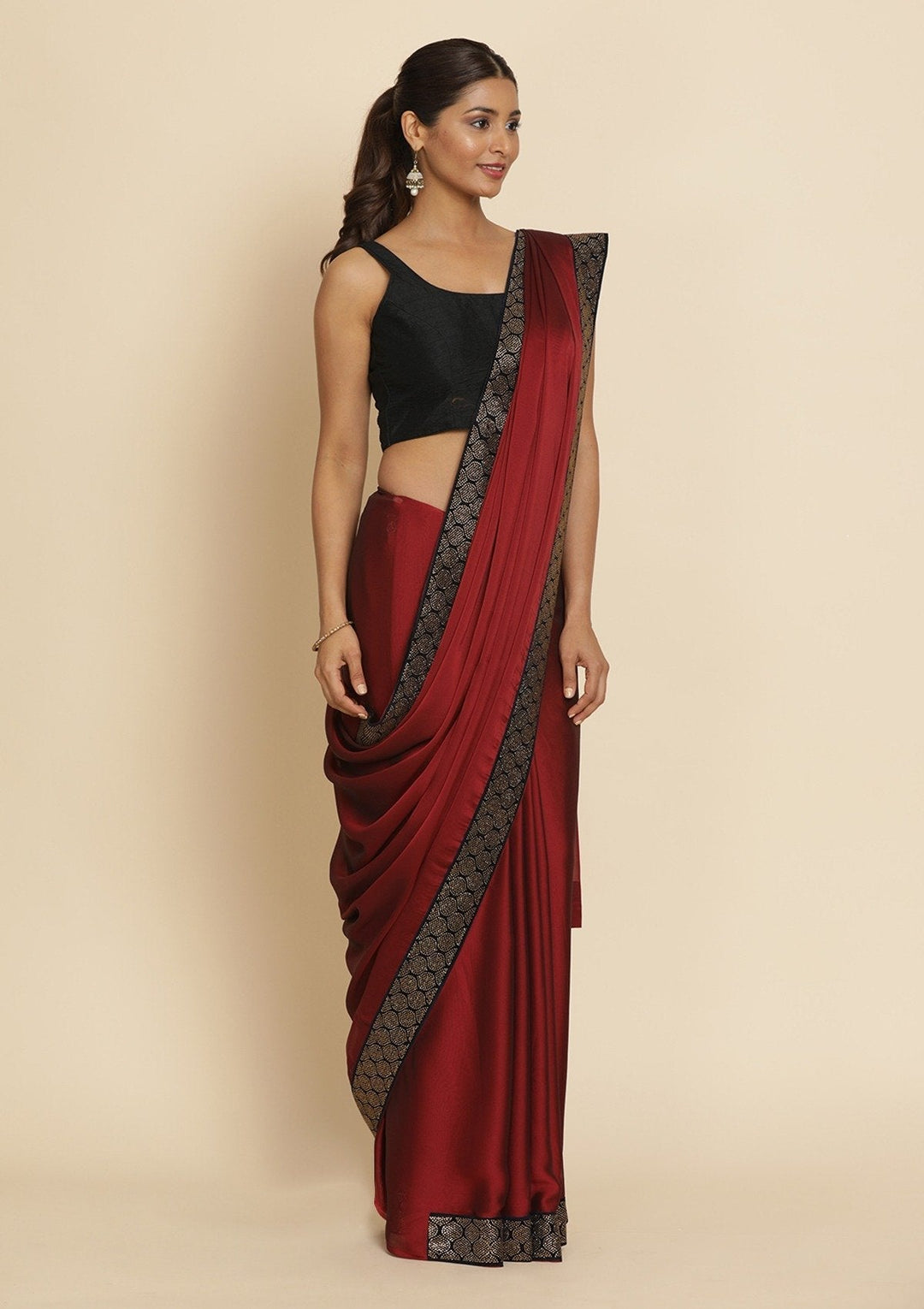 Maroon Swarovski Semi Crepe Designer Saree - koskii