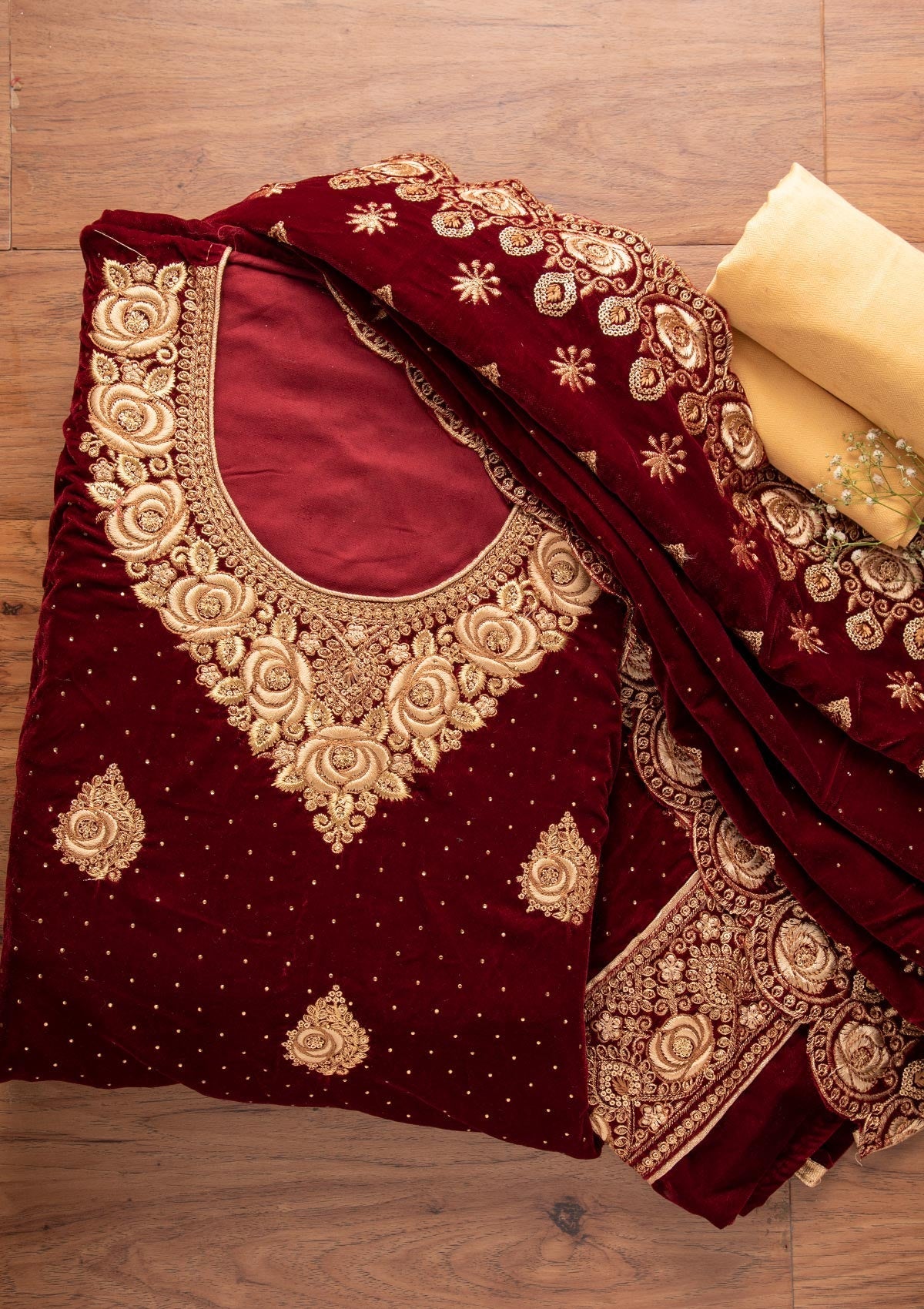 Maroon Swarovski Velvet Designer Unstitched Salwar Suit - koskii