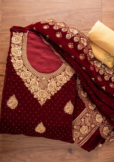 Maroon Swarovski Velvet Designer Unstitched Salwar Suit - koskii