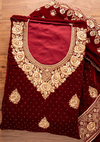 Maroon Swarovski Velvet Designer Unstitched Salwar Suit - koskii