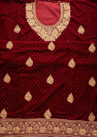 Maroon Swarovski Velvet Designer Unstitched Salwar Suit - koskii