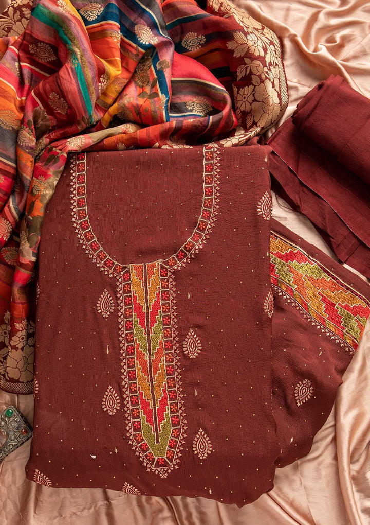 Maroon Threadwork Semi Crepe Designer Unstitched Salwar Suit - koskii