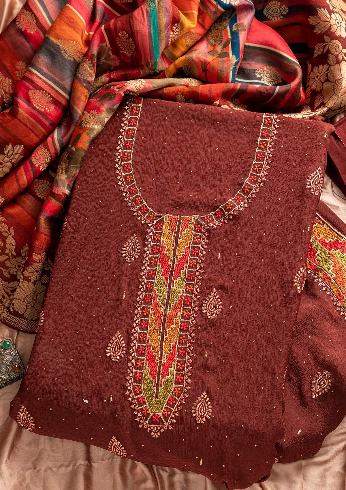 Maroon Threadwork Semi Crepe Designer Unstitched Salwar Suit - koskii