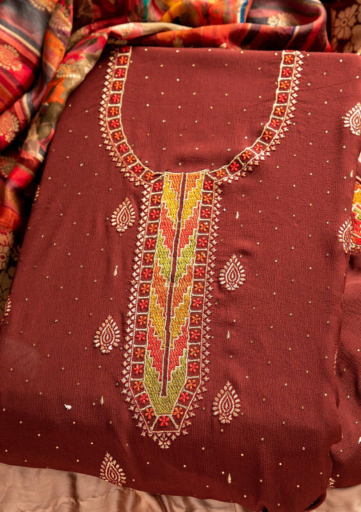 Maroon Threadwork Semi Crepe Designer Unstitched Salwar Suit - koskii