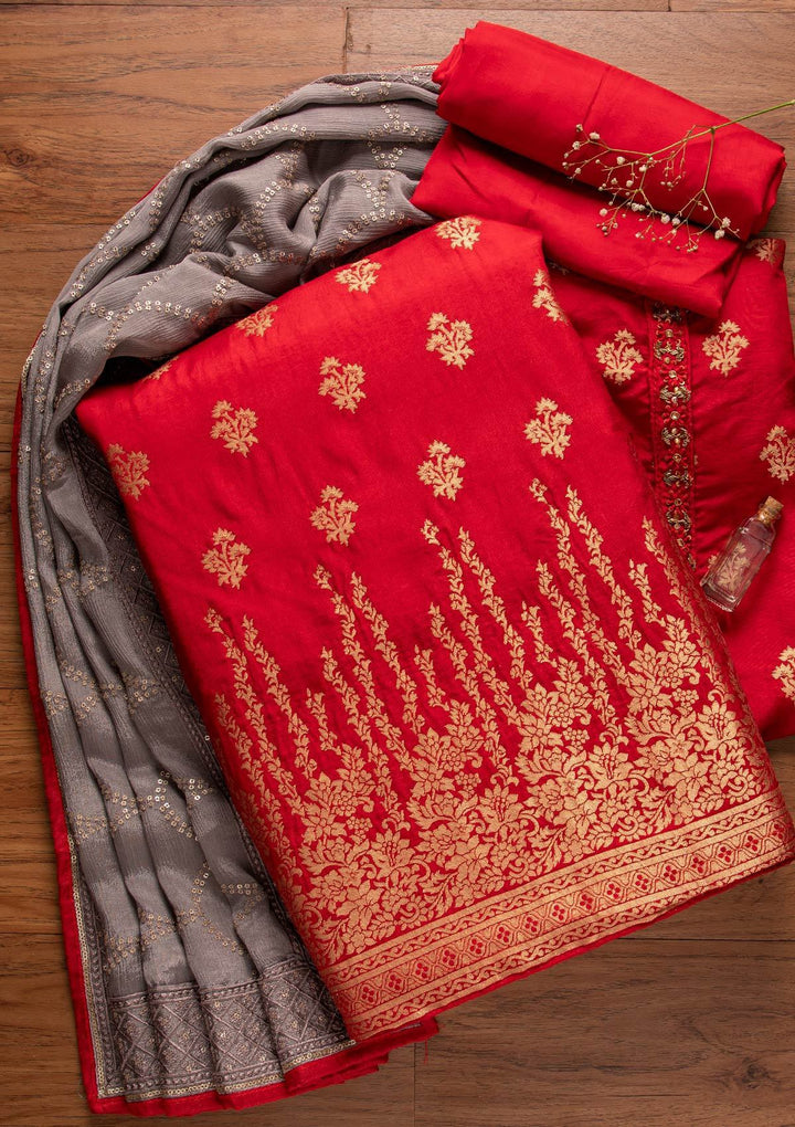 Maroon Zariwork Art Silk Designer Unstitched Salwar Suit - koskii