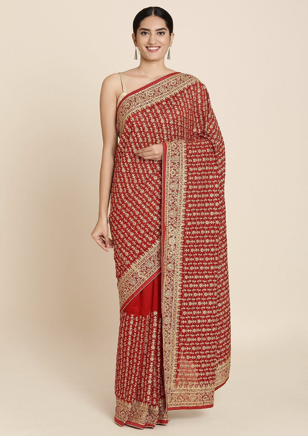 Maroon Zariwork Art Silk Designer Saree - koskii