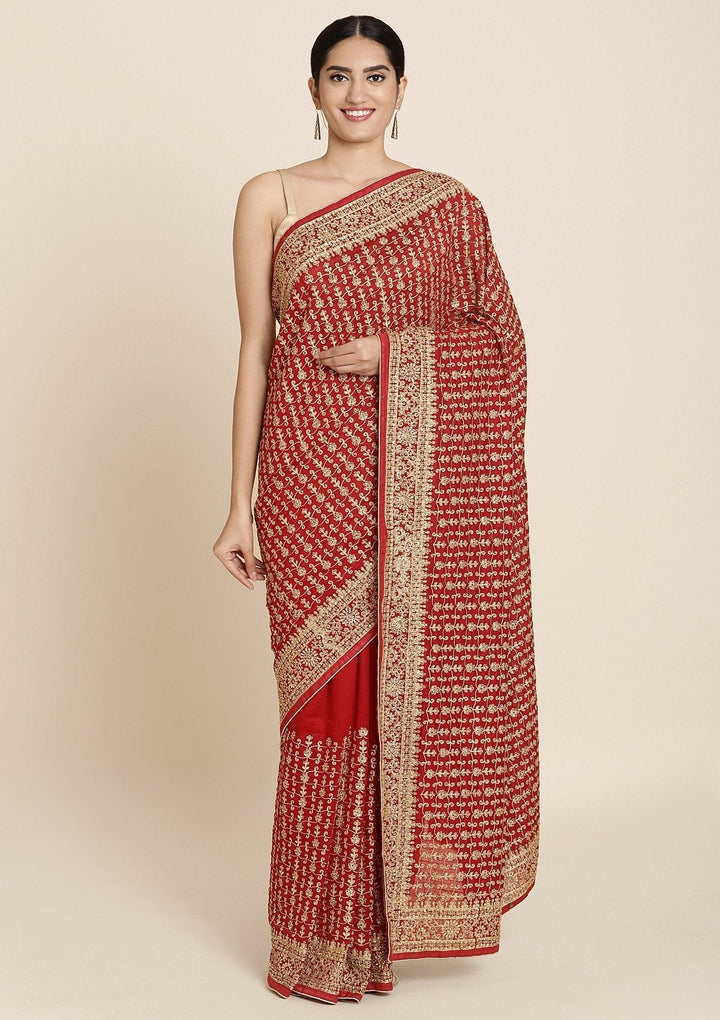 Maroon Zariwork Art Silk Designer Saree - koskii