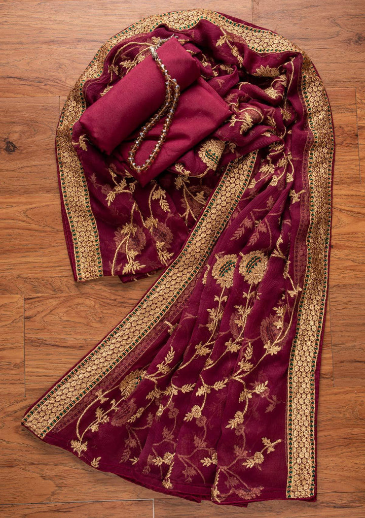 Maroon Zariwork Georgette Designer Unstitched Salwar Suit - koskii