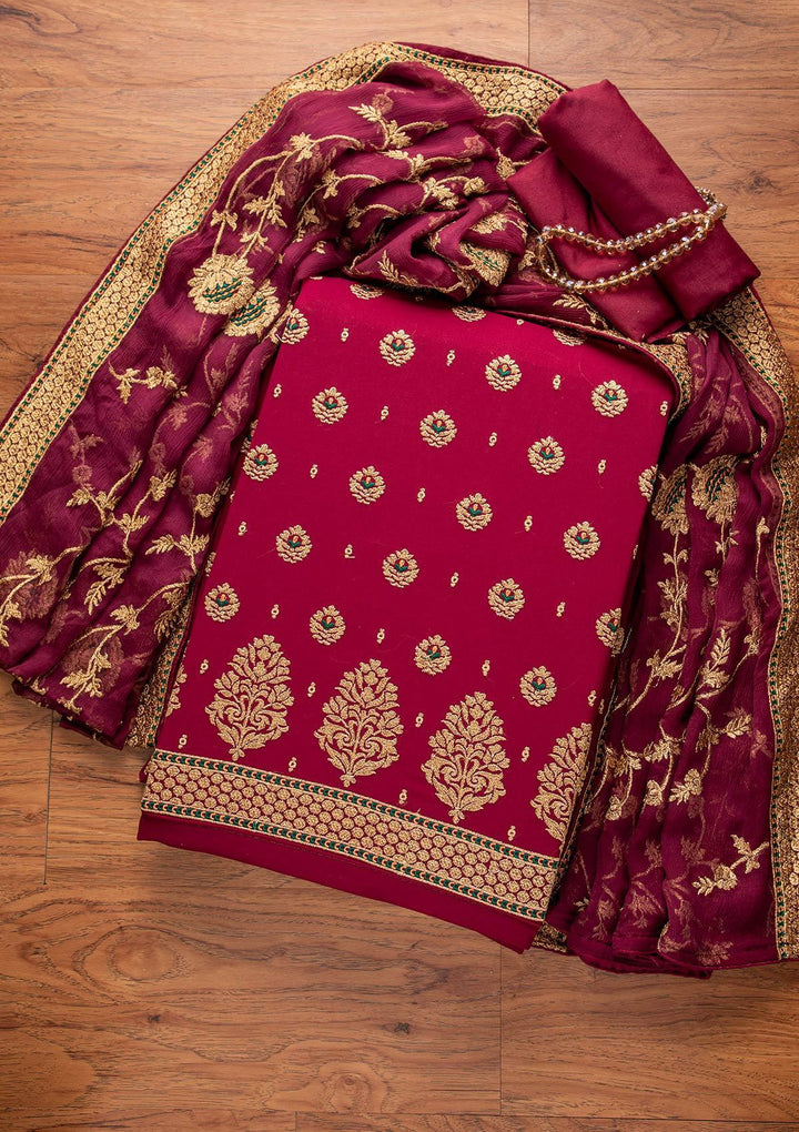 Maroon Zariwork Georgette Designer Unstitched Salwar Suit - koskii