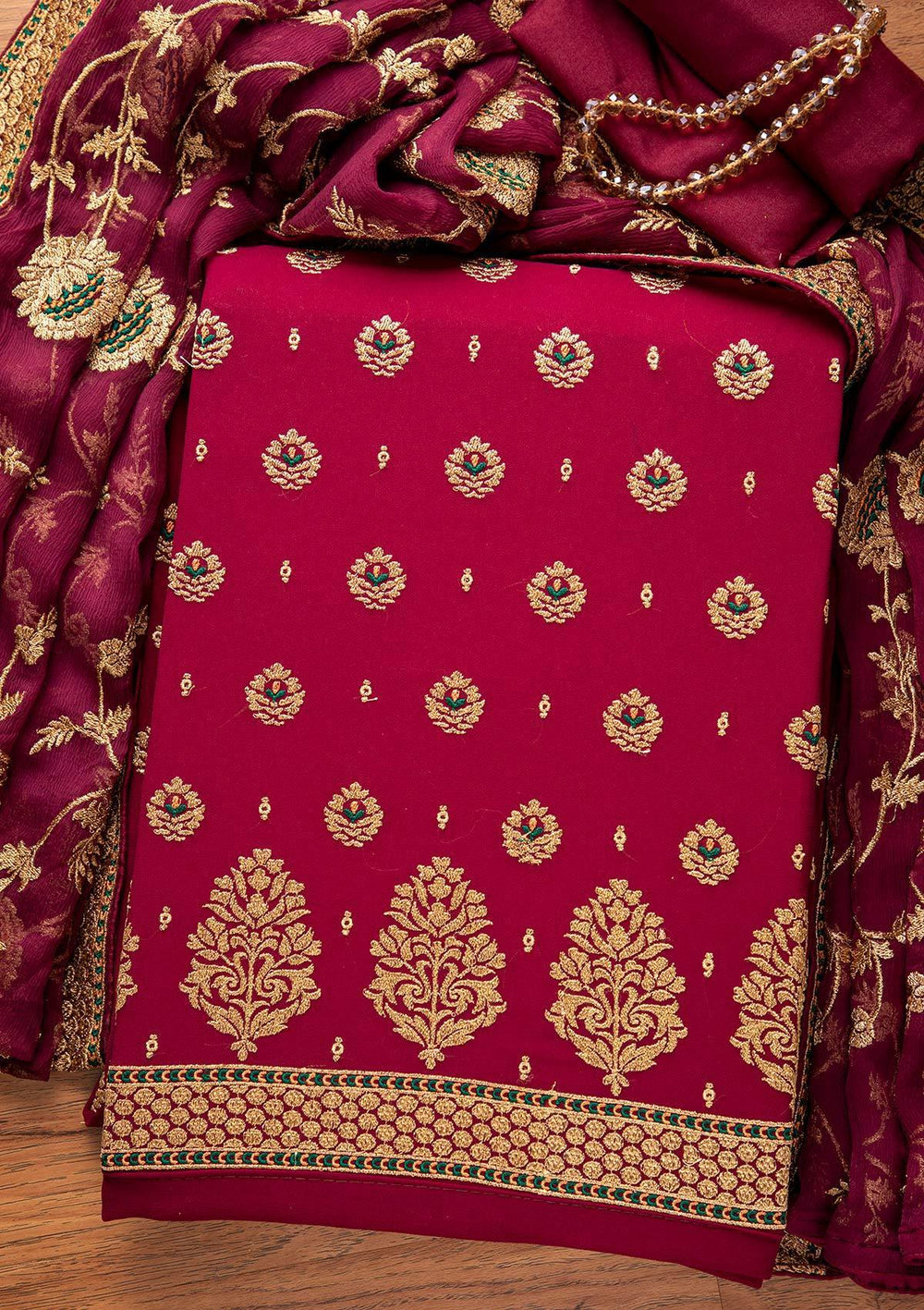 Maroon Zariwork Georgette Designer Unstitched Salwar Suit - koskii