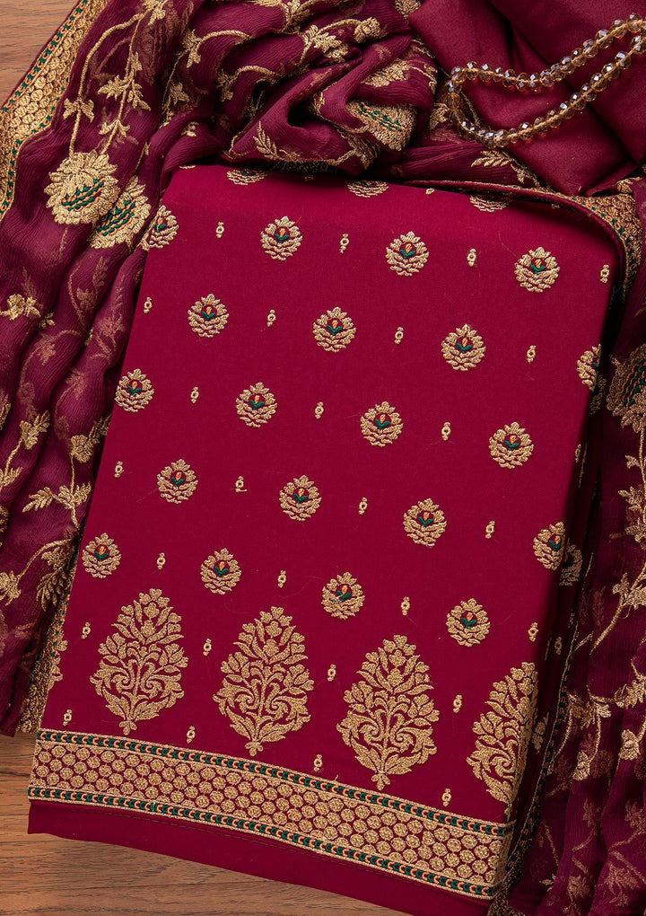 Maroon Zariwork Georgette Designer Unstitched Salwar Suit - koskii