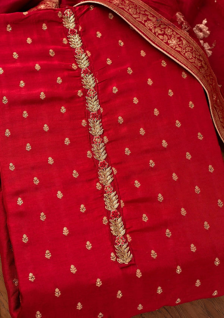 Maroon Zariwork Semi Crepe Designer Unstitched Salwar Suit - koskii