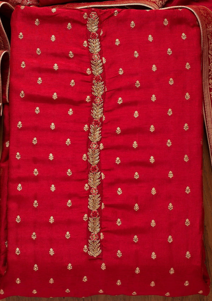 Maroon Zariwork Semi Crepe Designer Unstitched Salwar Suit - koskii