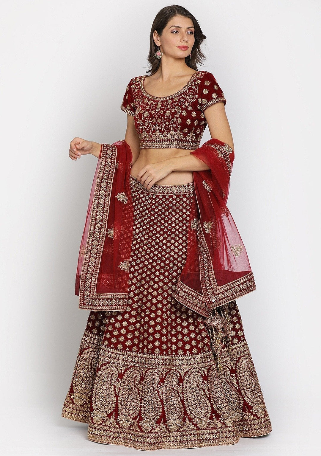 Maroon Zariwork Velvet Designer Semi-Stitched Lehenga - koskii