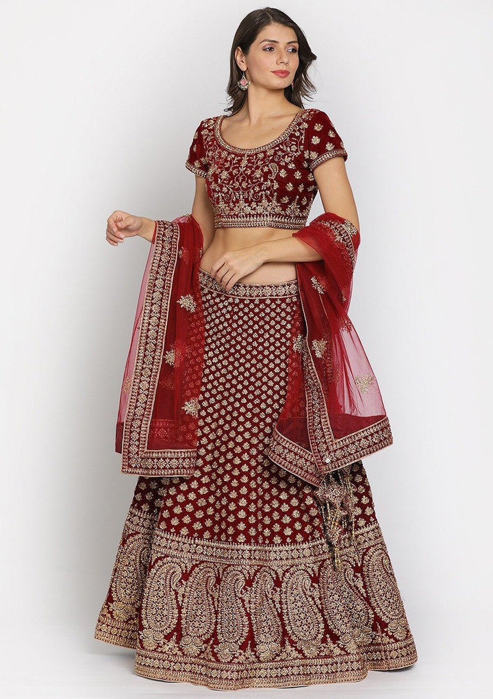 Maroon Zariwork Velvet Designer Semi-Stitched Lehenga - koskii