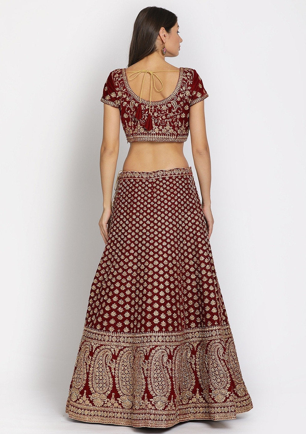 Maroon Zariwork Velvet Designer Semi-Stitched Lehenga - koskii