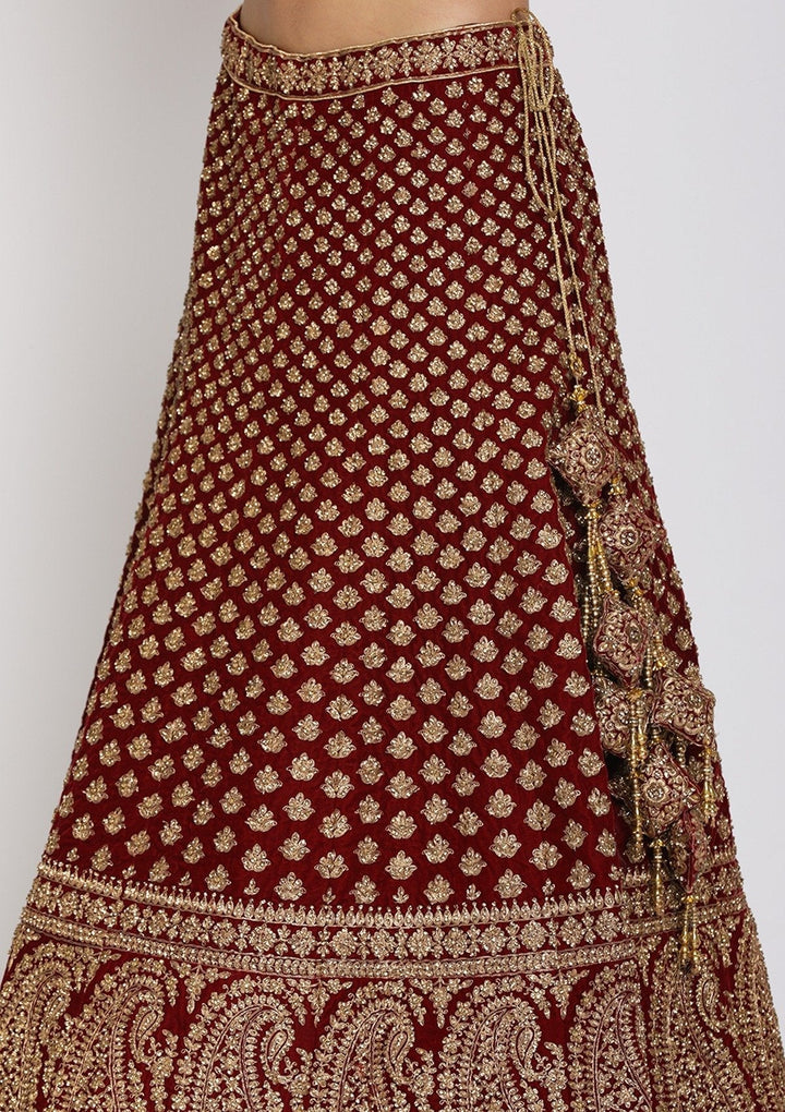 Maroon Zariwork Velvet Designer Semi-Stitched Lehenga - koskii