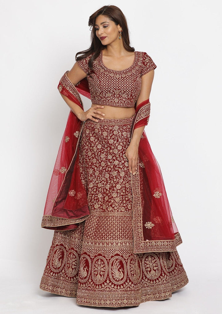 Maroon Zariwork Velvet Designer Semi-Stitched Lehenga - koskii