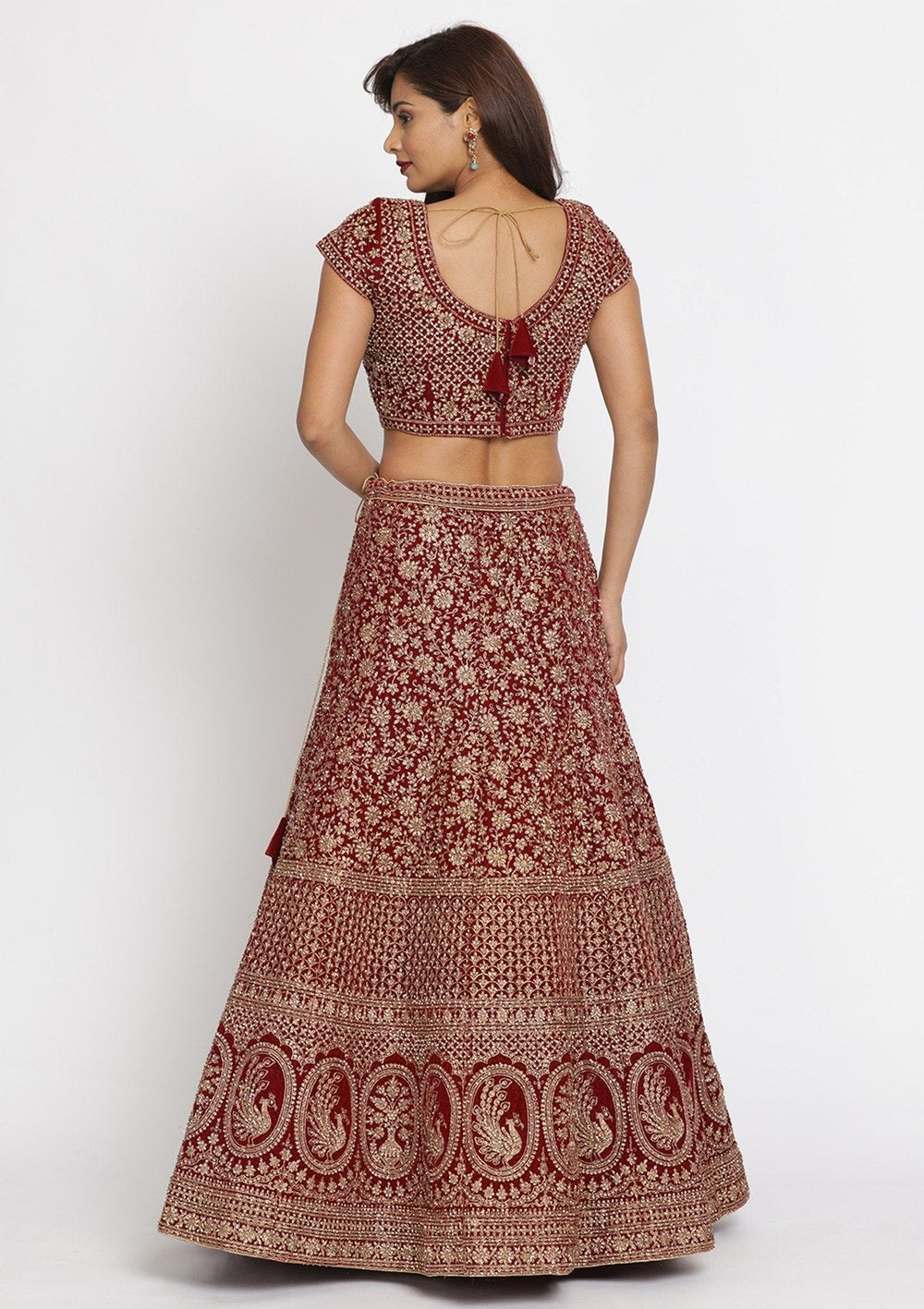 Maroon Zariwork Velvet Designer Semi-Stitched Lehenga - koskii