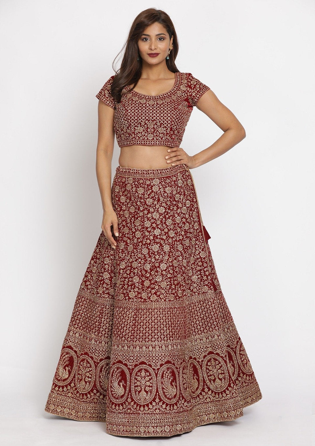Maroon Zariwork Velvet Designer Semi-Stitched Lehenga - koskii