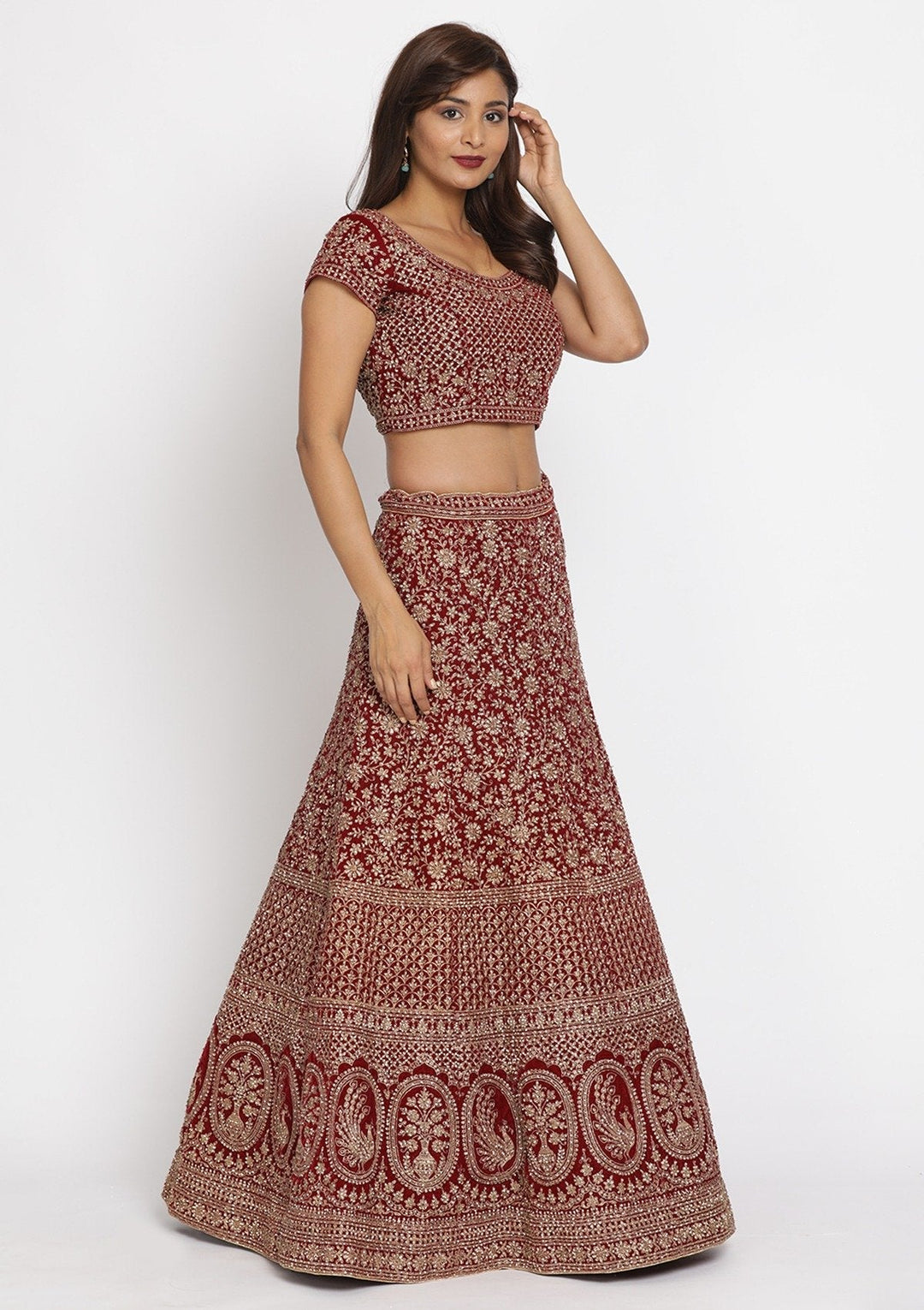 Maroon Zariwork Velvet Designer Semi-Stitched Lehenga - koskii