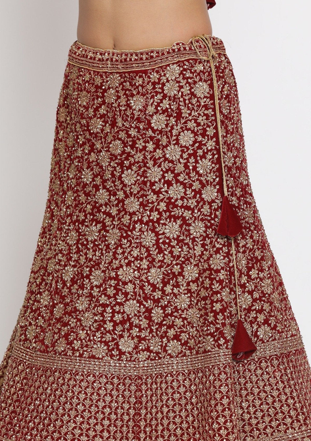 Maroon Zariwork Velvet Designer Semi-Stitched Lehenga - koskii