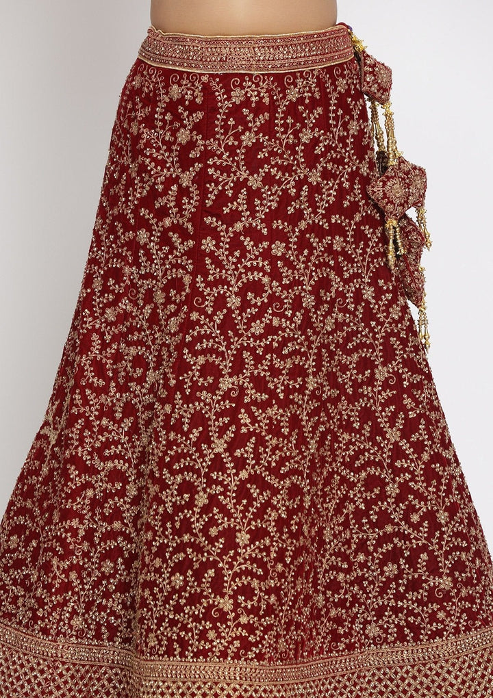 Maroon Zariwork Velvet Designer Semi-Stitched Lehenga - koskii