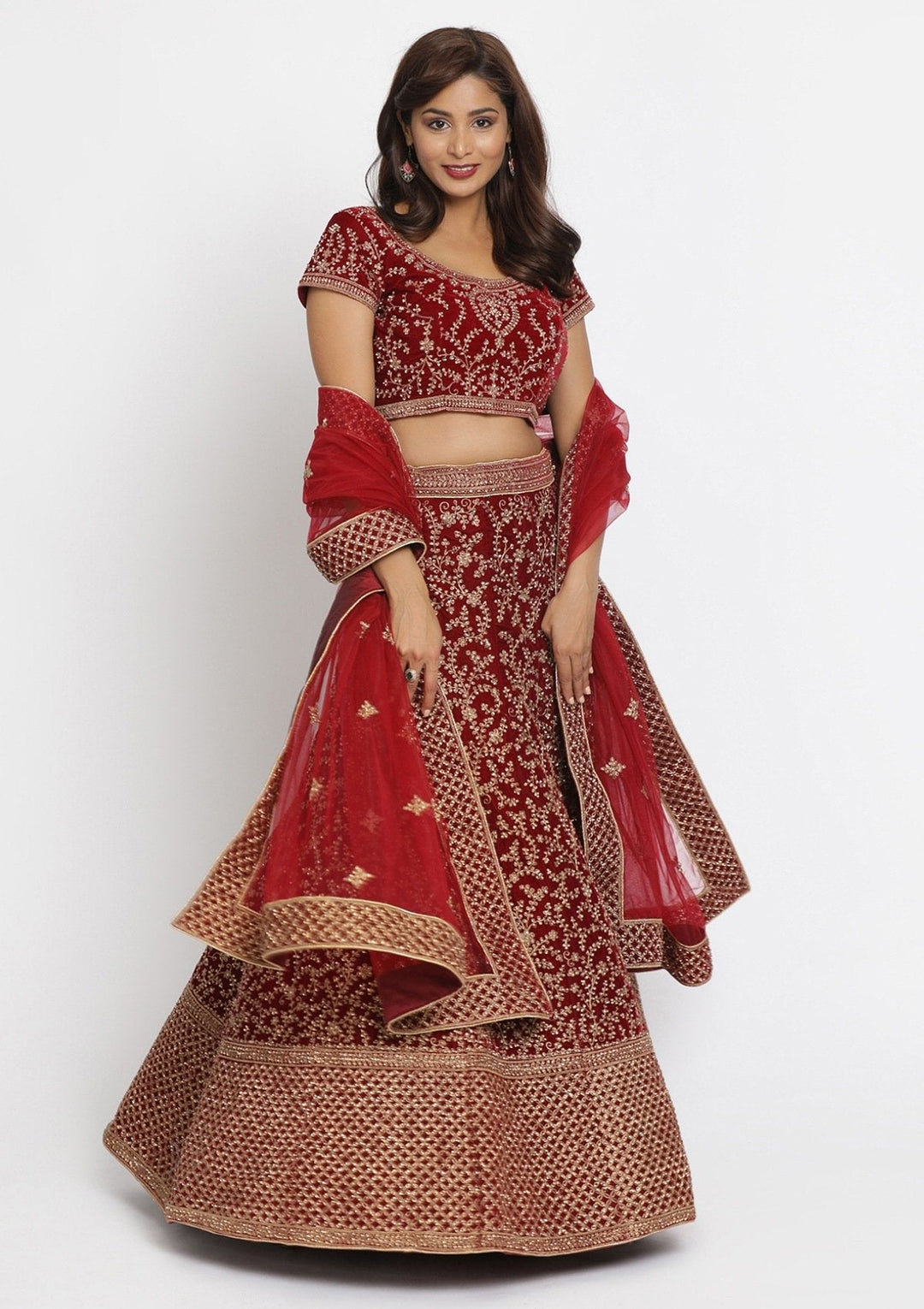 Maroon Zariwork Velvet Designer Semi-Stitched Lehenga - koskii