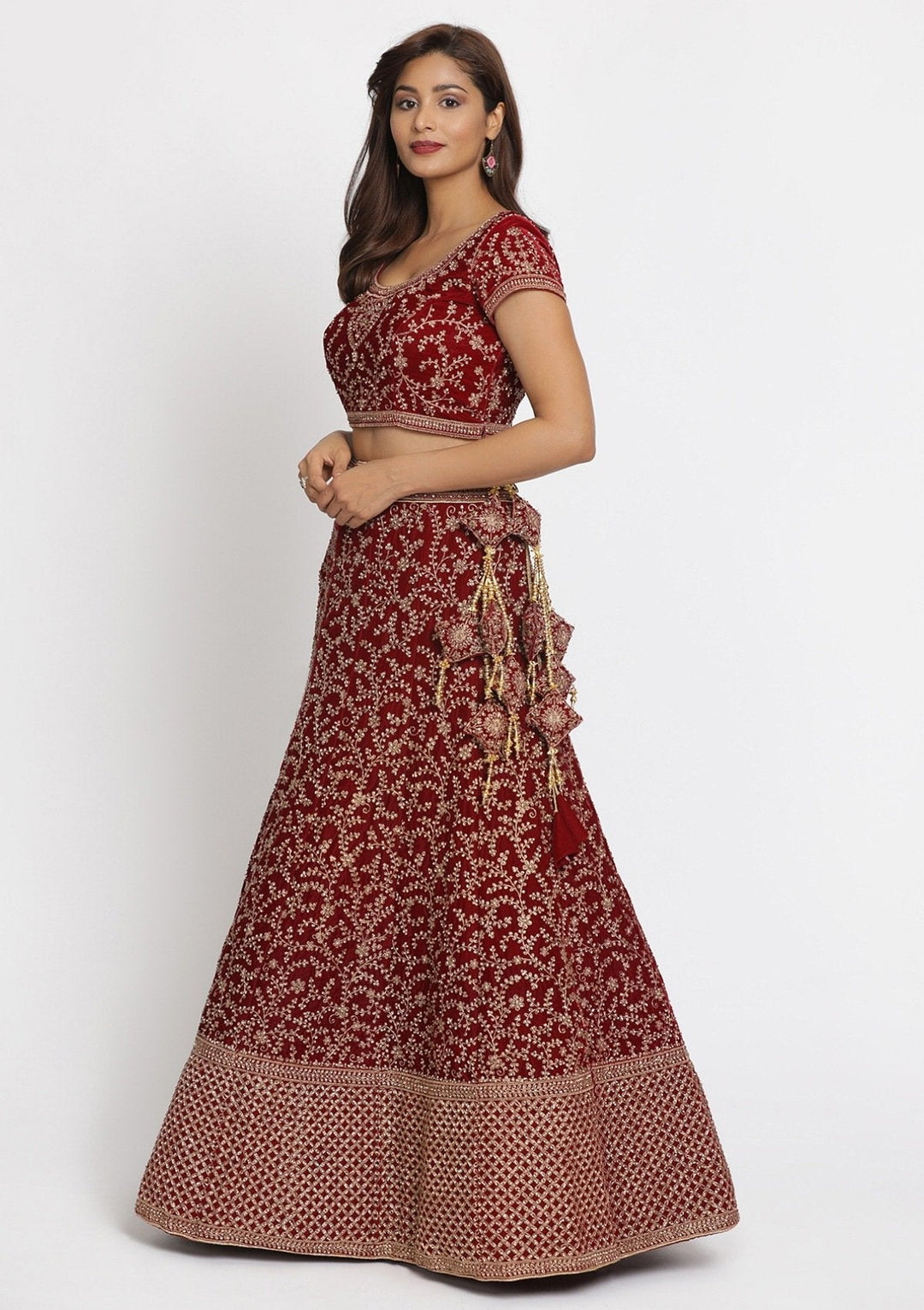 Maroon Zariwork Velvet Designer Semi-Stitched Lehenga - koskii