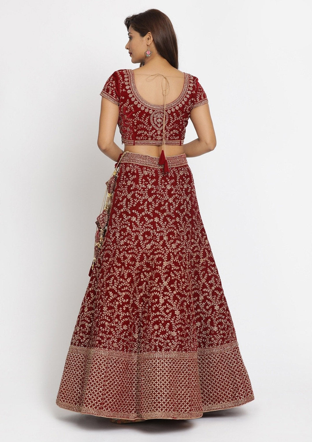 Maroon Zariwork Velvet Designer Semi-Stitched Lehenga - koskii
