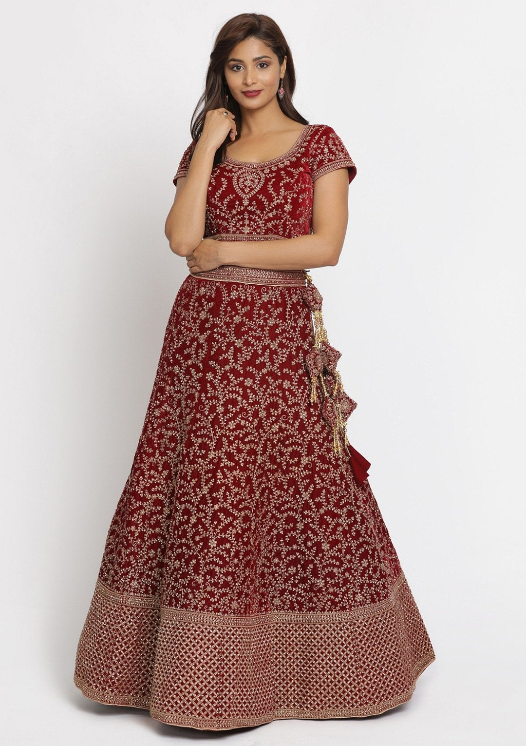 Maroon Zariwork Velvet Designer Semi-Stitched Lehenga - koskii