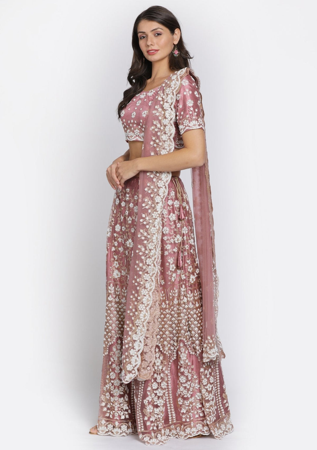 Mauve Cutdana Net Designer Semi-Stitched Lehenga - koskii