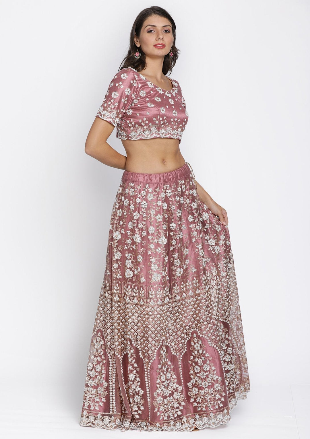 Mauve Cutdana Net Designer Semi-Stitched Lehenga - koskii