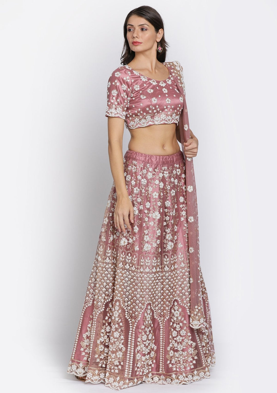Mauve Cutdana Net Designer Semi-Stitched Lehenga - koskii