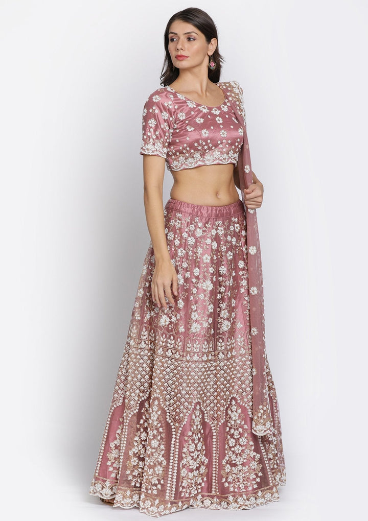 Mauve Cutdana Net Designer Semi-Stitched Lehenga - koskii