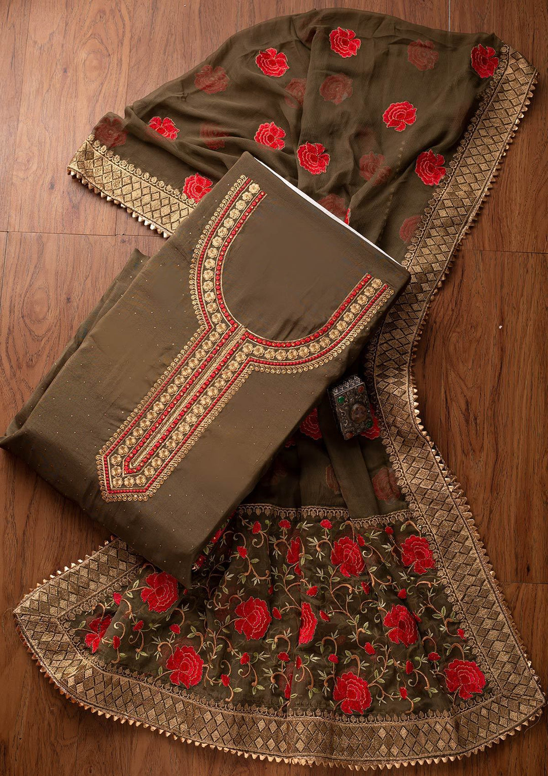 Mehendi Stonework Satin Designer Unstitched Salwar Suit - koskii
